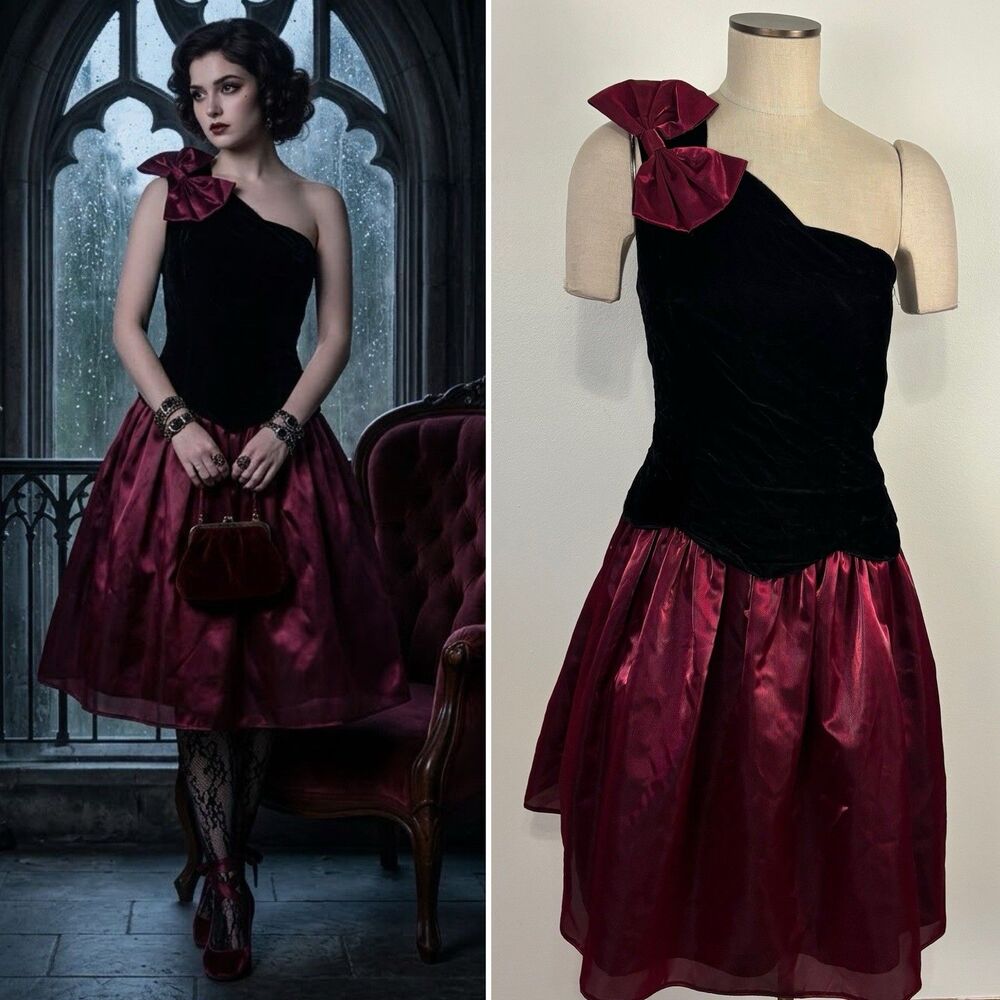 VTG Jessica McClintock Gunne Sax 9/10 Dress Black Velvet Burgundy Dark Coquette